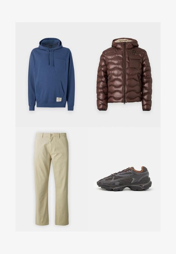 Hnědá péřová bunda s kapucí, prošívaný design a přední zip. Obsahuje kapsu na prsou a boční zipové kapsy s elastickými manžetami.; Námořnická modrá bavlněná mikina s kapucí na šňůrku, přední klokanková kapsa a malá kapsa na hrudi. Obsahuje štítek na lemu.; Béžové bavlněné kalhoty s rovnými nohavicemi, předním zapínáním na knoflík a poutky na opasek. Hladká textura, žádné viditelné vzory či akcenty.; Sněrovací boty Lacoste v tmavě šedé barvě s síťovinou a syntetickým materiálem, prezentující texturovanou podrážku a hnědé detaily na límci a logu.