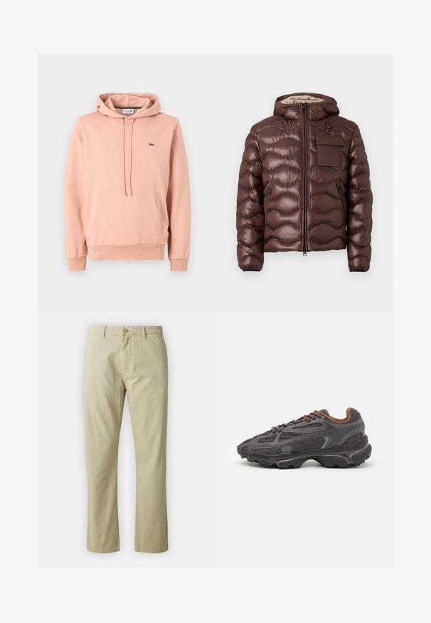 Rjava puhasta jakna s kapuco, prešita zasnova in sprednji zadrgo. Ima žep na prsih in stranske žepe z zadrgo ter elastične manšete.; Roza kapuca iz mehkega materiala, z kenguru žepom, kapuco na vrvico, rebrastimi manšetami in majhnim zelenim logotipom na prsih.; Bež bombažne hlače s ravnim krojem, sprednjim gumbom in zankami za pas. Gladka tekstura, brez vidnih vzorcev ali akcentov.; Lacoste teniske v temno sivi barvi z mrežasto in sintetično prevleko, s teksturiranim podplatom in rjavimi detajli na ovratniku ter blagovni znamki.