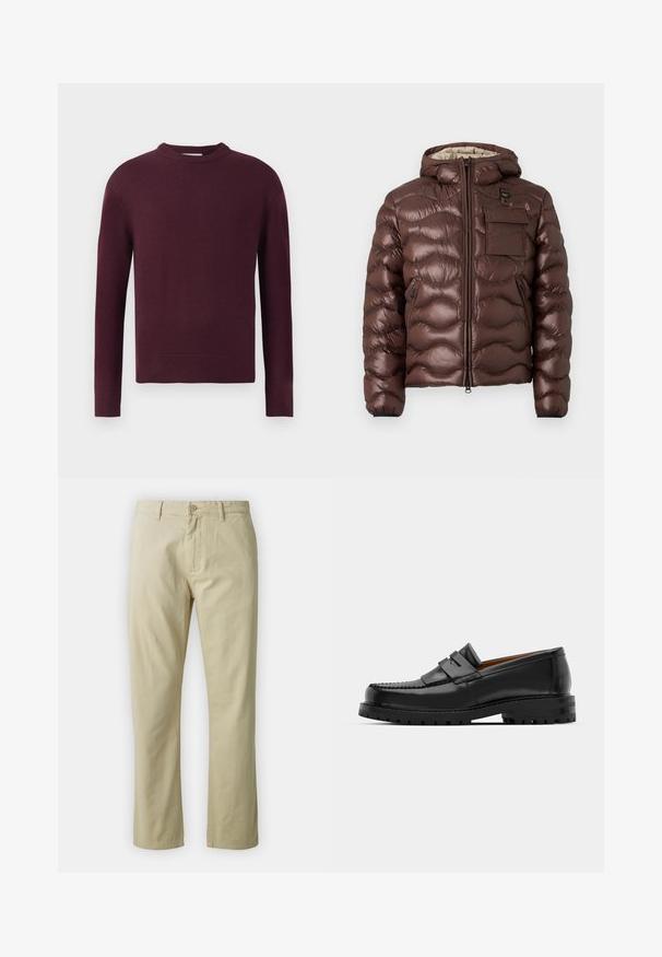 Brūna pūkaina jaka ar kapuci, ar kvadrātveida dizainu un priekšējo rāvējslēdzēju. Iekļauj krūšu kabatu un sānu kabatas ar rāvējslēdzējiem, kā arī elastīgām aprocēm.; Burgundijas adīta džemperis ar garām piedurknēm, apaļu kakla izgriezumu, kā arī ribota apakšmala un piedurknes. Auduma struktūra šķiet gluda un viegla.; Beidzīgo kokvilnas bikses ar taisnu kāju piegriezumu, priekšējo pogu aizdari un jostas cilpām. Gluda tekstūra, nav redzamu rakstu vai akcentu.; Melni ādas loafers cepumi izceļas ar paceltu šuvu, divām dekoratīvām siksnām augšpusē un biezu teksturētu zoli labākai saķerei.