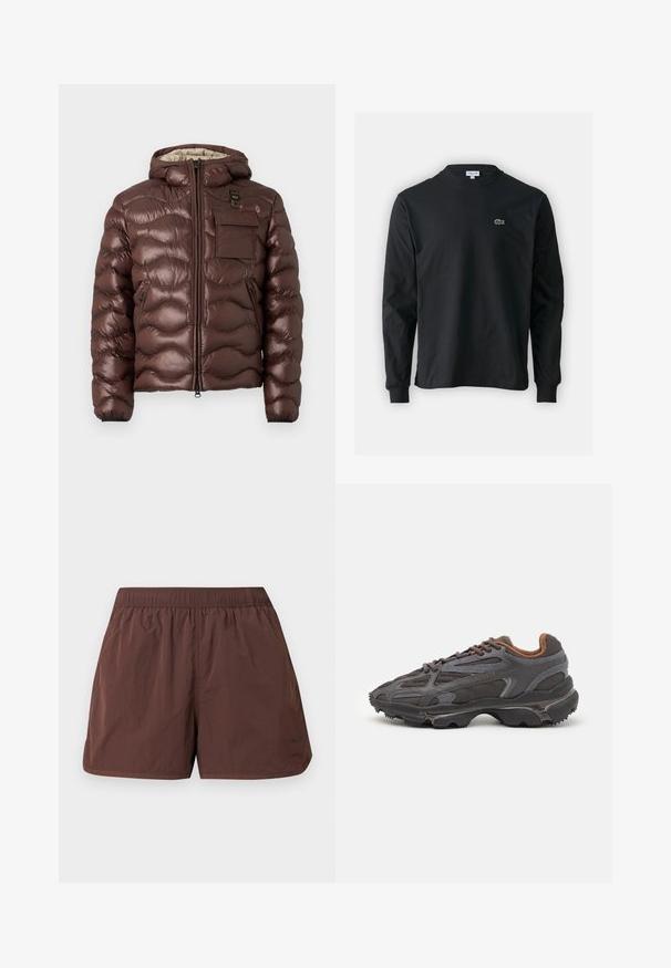 Doudoune brune avec capuche, design matelassé et fermeture éclair à l'avant. Comprend une poche poitrine et des poches latérales zippées avec des poignets élastiques.; T-shirt noir à manches longues en coton, avec un col rond et un petit logo de crocodile brodé vert sur la poitrine gauche.; Shorts légers marron avec une ceinture élastique et des poches latérales. Présentent une texture lisse, légèrement froissée. Sans motifs ni accents visibles.; Baskets Lacoste en gris foncé, en matériau mesh et synthétique, avec une semelle texturée et des accents marron sur le col et le branding.