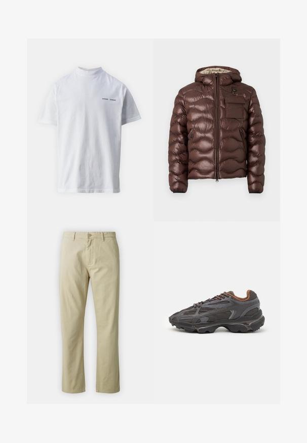Casaco puffer castanho com capuz, design acolchoado e fecho à frente. Apresenta um bolso no peito e bolsos laterais com fecho e punhos elásticos.; T-shirt de algodão branca com um decote alto e mangas curtas. Apresenta o logótipo "SAMSØE SAMSØE" em preto na parte da frente. Textura suave.; Calças de algodão bejes com um design de perna reta, fecho frontal com botão e passantes para cinto. Textura suave, sem padrões ou detalhes visíveis.; Ténis Lacoste em cinza-escuro com material em malha e sintético, apresentando uma sola texturizada e detalhes castanhos na gola e na marca.