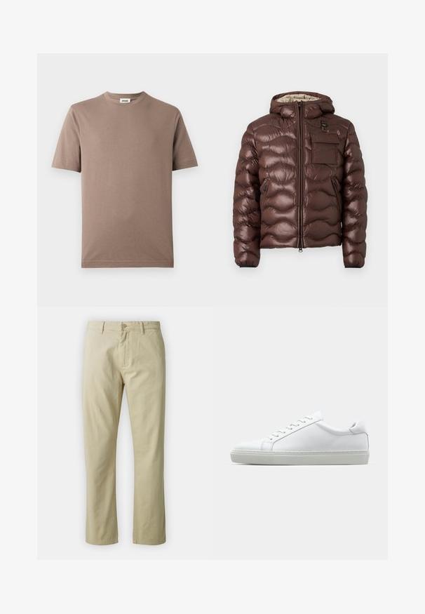 Brown puffer jacket with a hood, quilted design, and a front zipper. Features a chest pocket and side zip pockets with elastic cuffs.; Brown cotton T-shirt with a crew neck and short sleeves. Smooth texture, simple design, and straight hem. No visible patterns or embellishments.; Beige cotton trousers with a straight-leg design, front button closure, and belt loops. Smooth texture, no visible patterns or accents.; White sneaker with a smooth leather upper and a low profile. Features a rounded toe, six eyelets, and a textured rubber sole.