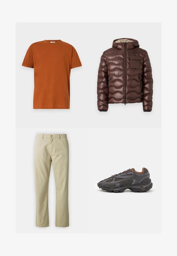 Brun puffjakke med hætte, quiltet design og en frontlynlås. Har en brystlomme og sidelommer med lynlås samt elastiske manchetter.; Brun bomulds T-shirt med rund halsudskæring, korte ærmer og op-valsede manchetter. Enkel design, blød tekstur og ingen synlige mønstre.; Beige bomuldsbukser med lige ben-design, frontlukning med knap og bæltestropper. Glat tekstur, ingen synlige mønstre eller accenter.; Lacoste sneakers i mørkegrå med mesh og syntetisk materiale, udstyret med en tekstureret sål og brune accenter på kraven og brandingen.