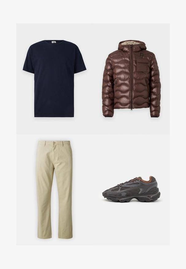 Jachetă puf cu glugă, de culoare maro, cu un design matlasat și fermoar frontal. Dispune de un buzunar pe piept și buzunare laterale cu fermoar, cu manșete elastice.; Tricou de bumbac cu mânecă scurtă, de culoare bleumarin, cu guler rotund și o croială lejeră, fără modele sau accente vizibile.; Pantaloni din bumbac bej cu un design drept, închidere frontală cu buton și curea. Textură netedă, fără modele sau accente vizibile.; Adidași Lacoste de culoare gri închis, din material mesh și sintetic, cu o talpă texturată și accente maronii pe guler și branding.
