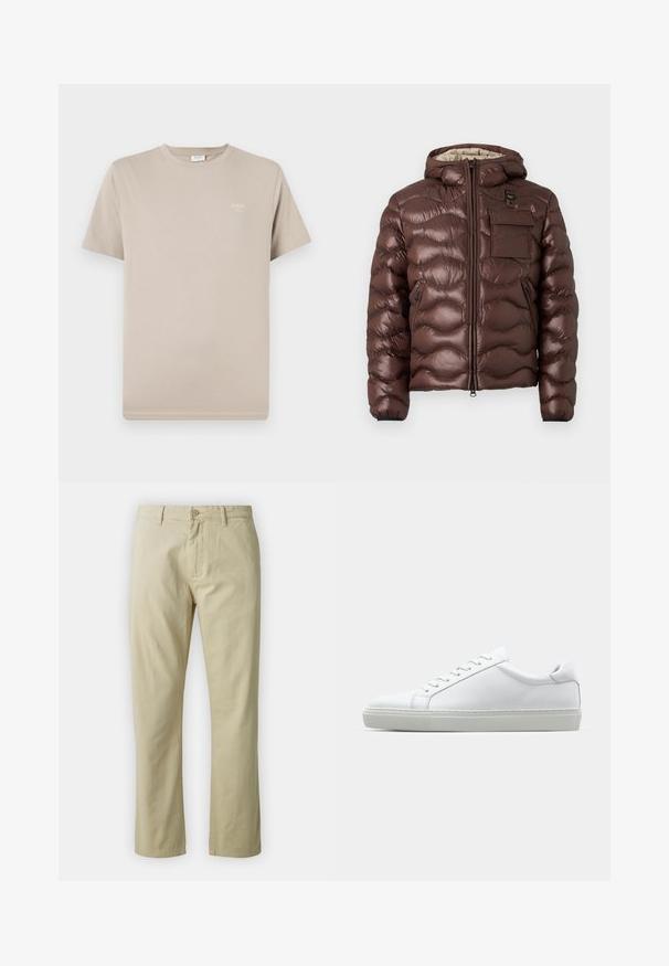 Brown puffer jacket with a hood, quilted design, and a front zipper. Features a chest pocket and side zip pockets with elastic cuffs.; Short-sleeve beige t-shirt made of cotton. Features a crew neck and a small logo printed on the upper left side. Smooth texture.; Beige cotton trousers with a straight-leg design, front button closure, and belt loops. Smooth texture, no visible patterns or accents.; White sneaker with a smooth leather upper and a low profile. Features a rounded toe, six eyelets, and a textured rubber sole.