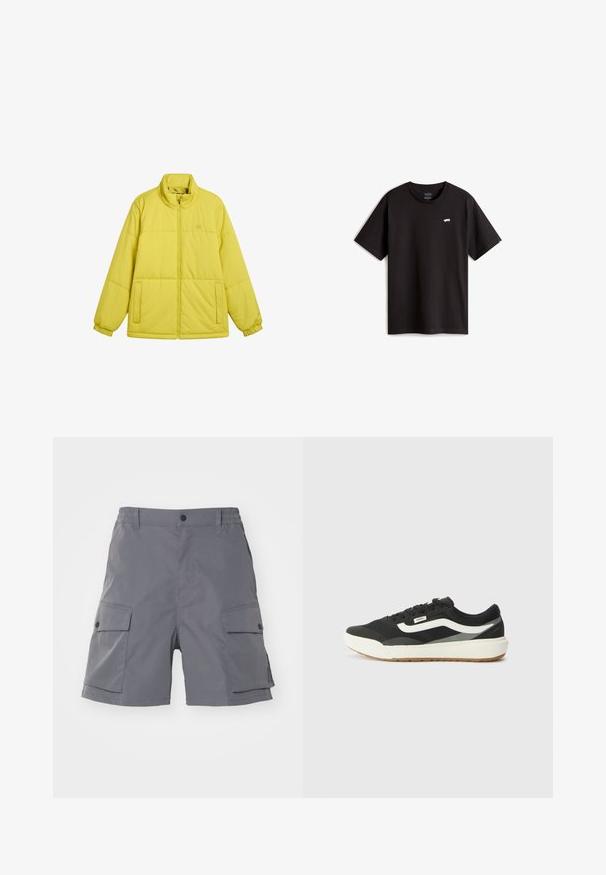 Geel pufferjack met een hoge kraag, ritssluiting aan de voorkant, elastische manchetten en zijzakken; voorzien van een gestikte ontwerp voor isolatie.; Zwarte katoenen t-shirt met korte mouwen en een ronde hals. Bevat een klein wit skateboardlogo op de borst. Eenvoudig ontwerp en snit.; Carhartt WIP BALTO - Shorts - graphite; Zwarte sneakers met witte accenten, voorzien van een gladde synthetische bovenkant, ronde vorm en een rubberen zool, gecombineerd met lichtbeige broek.