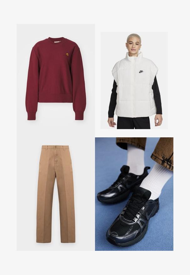 White puffer vest with a high collar, zip closure, and black Nike logo on the left chest. Features a quilted texture and sleeveless design.; Carhartt WIP AMERICAN SCRIPT - Sweatshirt - malbec; Brown cotton trousers with a straight leg design, featuring a button closure, belt loops, and minimal seams for a clean look.; Black Nike sports shoes feature a mesh upper with shiny accents, black laces, and a textured sole. Paired with white ribbed socks.