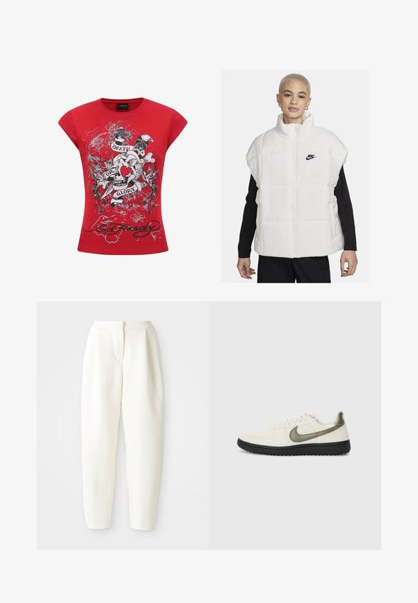 Valkoinen toppaliivi, jossa on korkea kaulus, vetoketjusuljin ja musta Nike-logo vasemmassa rinnassa. Leikissä on tikattu pinta ja hihaton malli.; Punainen puuvillapaita lyhyillä hihoilla, jossa on grafiikkasuunnittelu, jossa on kallo, ruusuja ja teksti "Kuolema tai Kunnia", musta-valkoisilla yksityiskohtilla.; Valkoiset korkeavyötäröiset kapenevat housut, joissa on piilovetoketju edessä ja sivutaskut, esiteltynä yksinkertaista valkoista taustaa vasten.; Nike Sportswear FIELD GENERAL - Matalavartiset tennarit - off-white/black