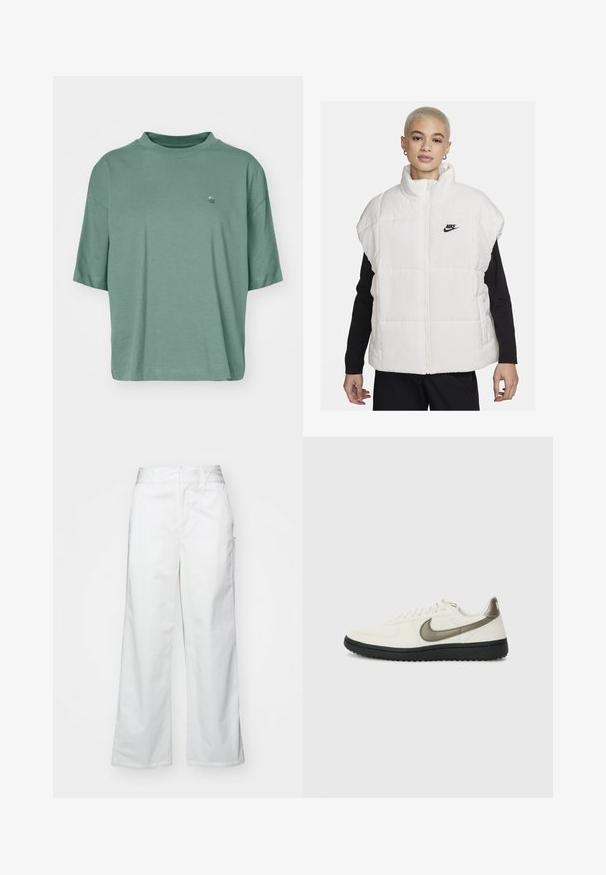 Gilet imbottito bianco con collo alto, chiusura a cerniera e logo Nike nero sul petto a sinistra. Presenta una texture trapuntata e un design senza maniche.; Maglietta a manica corta, con vestibilità ampia, in cotone verde tenue. Presenta un logo a onda discreto sul petto e un colletto a girocollo a coste.; Pantaloni bianchi a gamba larga realizzati in cotone, con una texture liscia, vestibilità dritta, tasche frontali e orlo pulito.; Nike Sportswear FIELD GENERAL - Sneakers basse - off-white/black