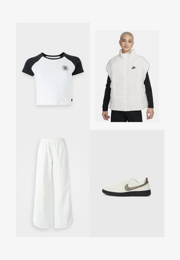 Vesta matlasată albă cu guler înalt, închidere cu fermoar și logo Nike negru pe partea stângă a pieptului. Are o textură matlasată și un design fără mâneci.; Tricou cu mânecă scurtă tip raglan, alb cu mâneci negre, având un guler rotund și un logo circular pe piept. Fabricat din material din bumbac.; Pantaloni atletici largi, alba, cu un talie elastica texturata si detalii subtile cu logo. Material neted, cu o croiala lejera si tiv conformat.; Nike Sportswear FIELD GENERAL - Sneakers low - off-white/black