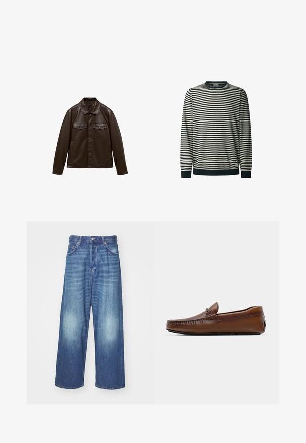 Ruskea nahkatakki, jossa on kauluksellinen kaula, etupainikekiinnitys, kaksi rintataskua ja sivutaskut. Tasainen rakenne ja jämäkkä muotoilu.; Kerman kauluspaita, jossa on pitkät hihat, vaaleanpunainen ja tummansininen, ympyräkaulus, horisontaaliset raidat, resorikujat ja helma, pehmeä tuntuma.; Siniset leveälahkeiset farkut, joissa on haalistunut pesu, viisi taskua ja nappisuljenta. Sileä pinta, jossa on hienovaraista haalistumista polvissa.; Ruske nahkalenkkarit, joissa on pyöreä varvas, ommeltuja yksityiskohtia ja pieni merkki sivussa. Pohja on litteä ja teksturoitu pitoa varten.