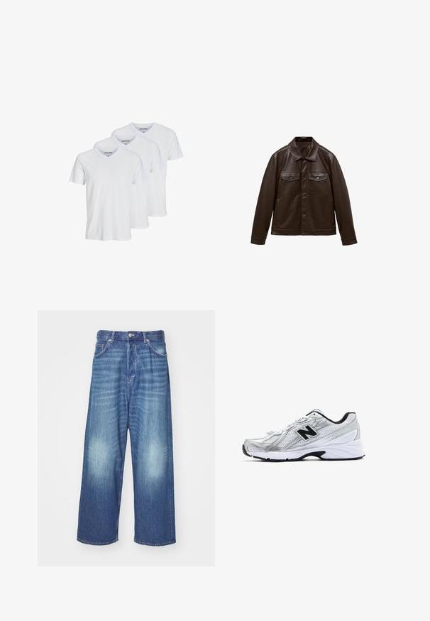 Brązowa skórzana kurtka z kołnierzem, z przodu zapinana na guziki, z dwiema kieszeniami na piersi i kieszeniami bocznymi. Gładka faktura i strukturalny design.; Trzy białe t-shirty z krótkim rękawem w serek, wykonane z bawełny, o prostym wzorze z kontrastowym dekoltem i subtelnym logo marki wewnątrz.; Szerokie niebieskie dżinsy z wyblakłym wykończeniem, pięć kieszeni i zapięcie na guzik. Gładka tekstura z delikatnym wyblaknięciem na kolanach.; Srebrny but sportowy z siateczkowego materiału, czarnymi akcentami, perforowanym wzorem i wyściełaną białą podeszwą. Posiada wyraźne logo 'N'.