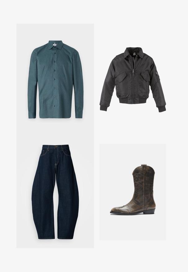 Jachetă bomber neagră, confecționată din nailon, cu fermoar în față, două buzunare mari pe piept, manșete ribelate și guler înalt.; Cămașă în nuanță de teal închis, dintr-un material texturat, cu guler clasic, mâneci lungi și detalii cu model, prevăzută cu nasturi negri.; Polo de culoare neagră cu mâneci scurte, realizat dintr-un material neted. Dispune de un guler clasic și o închidere cu trei nasturi, având un logo subtil pe piept.; Jeans din denim de culoare bleu închis cu design cu picioare largi, având cusături proeminente, cinci buzunare și închidere cu un buton din alamă la talie.; Botă de cowboy din piele maro cu un gât înalt, vârf ascuțit, modele complicate de cusături și un toc mic. Finisaj texturat pe întreaga suprafață.