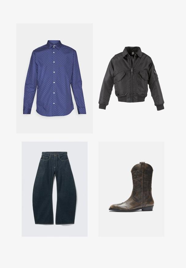 Melnā bumbiera jaka, izgatavota no neilona, ar zipa priekšpusi, divām lielām krūšu kabatām, ribotām piedurknēm un stāvošo apkakli.; Tumši zili rakstainā krekls, izgatavots no gludas auduma, ar mazām baltām dimanta formām, klasisku apkakli un pogu aizdari.; Tumši zili plašu kāju džinsi no džinsa auduma ar piecām kabatām, redzamām šuvēm, pogas aizdari un tīru apdari.; Brūnas ādas kovboju zābaki ar garu kāju, norādītu purngalu, sarežģītām šuvju rakstībām un mazu papēdi. Virsma ar faktūru visā zābakā.