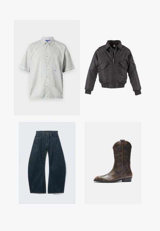 Svart bomberjacka i nylon med dragkedja fram, två stora bröstfickor, ribbstickade ärmslut och ståkrage.; Kortärmad, ljusgrå knapp-up skjorta i slätt tyg. Har en spetsig krage och en liten blå logotyp på bröstet.; Mörkblå jeans med vida ben i denim, med fem fickor, synliga sömmar, knappstängning och en ren finish.; Brun läder cowboystövel med en hög skafthöjd, spetsig tå, intrikata sömnadsmönster och en liten klack. Texturerad yta hela vägen.