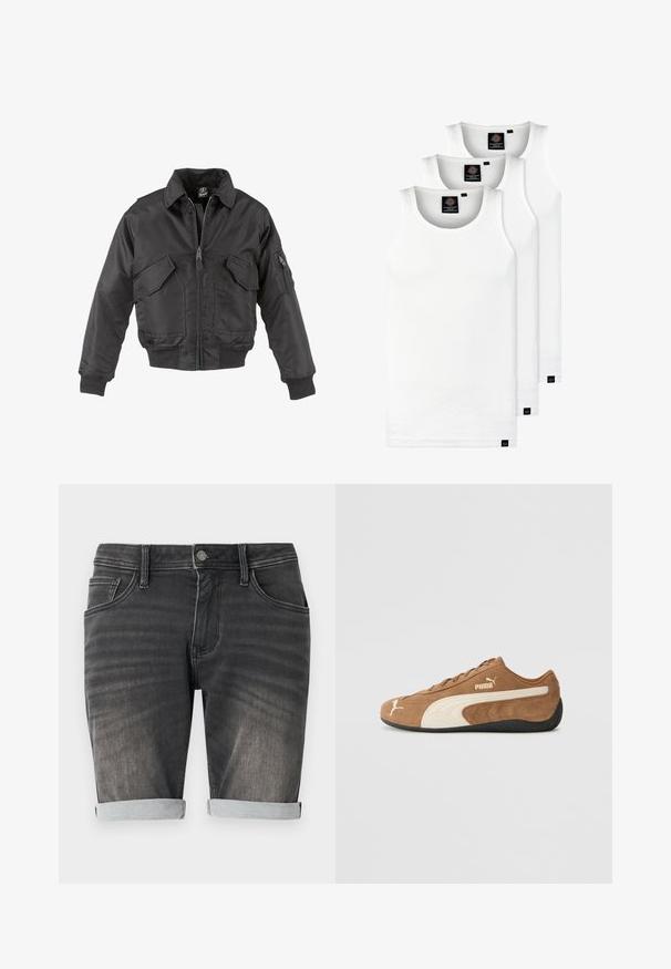 Svart bomberjakke laget av nylon, med glidelås foran, to store brystlommer, ribbestrikkede mansjetter og stående krage.; Tre hvite ribbestrikkede tank topper laget av bomull. Har en rund hals og små svarte etiketter nær kanten. Tilgjengelig i flere størrelser.; Grå denimshorts med oppbrett nederst, med fem lommer, knappeåpning og subtil fading langs stoffet.; Brune suedes lavsneaker med kremaktige detaljer, teksturert overflate, sort gummisåle og brodert logo på siden og tungen.