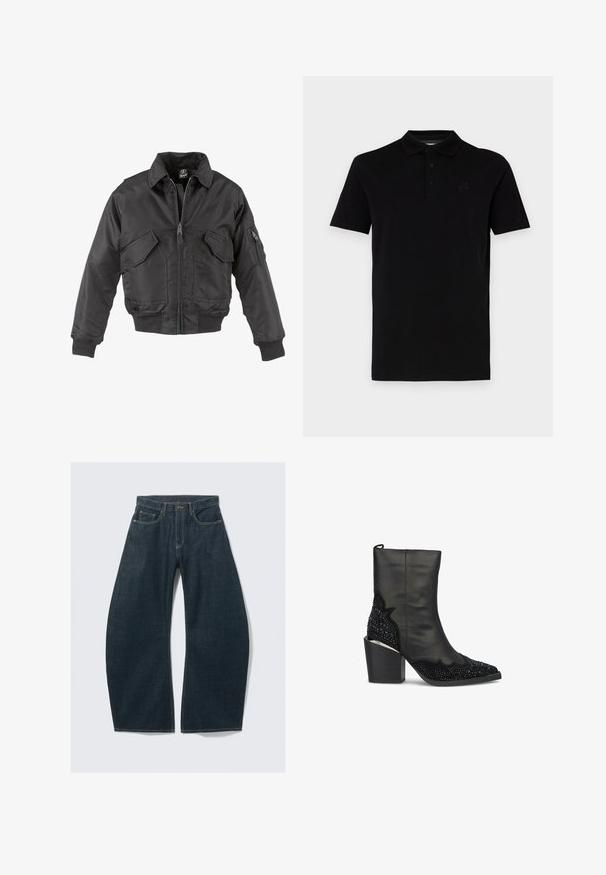 Czarna kurtka bombowa z nylonu, z zapięciem na zamek, dwiema dużymi kieszeniami na piersi, ściągaczami na mankietach i stójką.; Czarny polo z krótkimi rękawami, wykonany z gładkiego materiału. Posiada klasyczny kołnierzyk i trzy guziki, a na piersi umieszczono subtelne logo.; Granatowe dżinsy o szerokich nogawkach wykonane z denimu, posiadające pięć kieszeni, widoczne szwy, zapięcie na guzik oraz schludne wykończenie.; Czarne botki za kostkę z gładką skórzaną cholewką, teksturowanymi ozdobami na obcasie, spiczastym noskiem oraz masywnym obcasem.