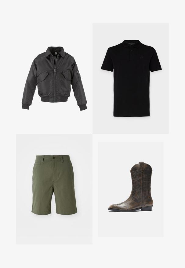 Schwarze Bomberjacke aus Nylon, mit Reißverschluss vorne, zwei großen Brusttaschen, gerippten Bündchen und Stehkragen.; Schwarzes Polo-Shirt mit kurzen Ärmeln, aus glattem Stoff gefertigt. Verfügt über einen klassischen Kragen und eine drei-Knopf-Leiste, mit einem dezenten Logo auf der Brust.; Olivgrüne Shorts aus leichtem Stoff, mit flachem Bund, zwei Seitentaschen, einer Gesäßtasche und Knopfverschluss.; Braune Leder-Cowboystiefel mit hohem Schaft, spitzem Zehenbereich, aufwendigen Stickmustern und kleinem Absatz. Strukturierte Oberflächenbeschaffenheit.