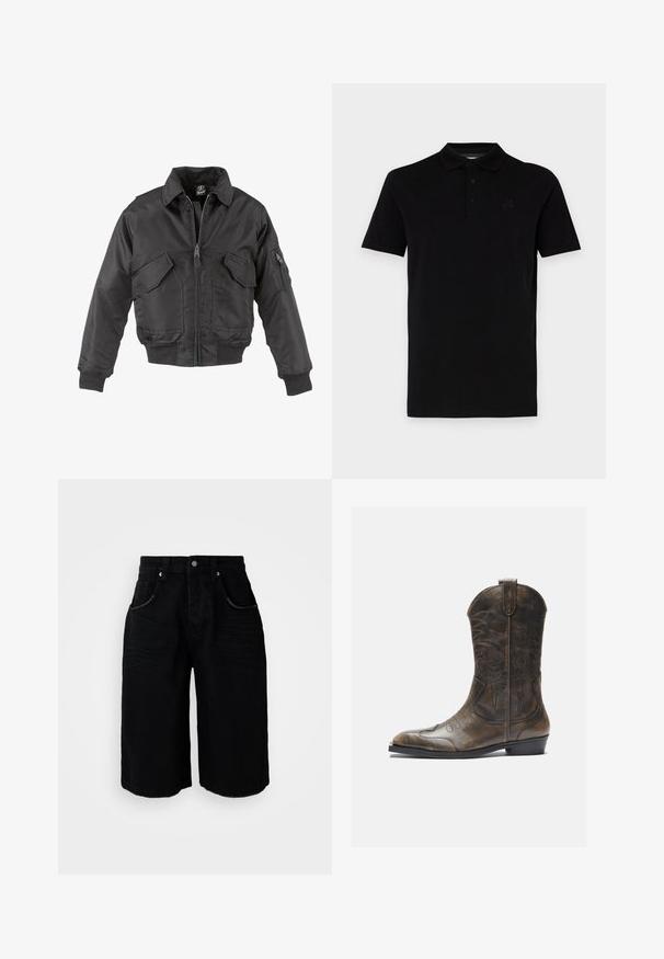Černá bomber bunda vyrobená z nylonu, s předním zipem, dvěma velkými náprsními kapsami, ribovanými manžetami a stojáčkovým límcem.; Černé polo tričko s krátkými rukávy, vyrobené z hladké látky. Obsahuje klasický límec a zapínání na tři knoflíky, s decentním logem na hrudi.; Černé džínové šortky se střihem rovných nohou, pěti kapsami, kovovým zapínáním na knoflík a jemnou texturou. Spodní okraj je zakončen čistým střihem.; Hnědé kožené kovbojské boty s vysokým sálem, špičatou špičkou, složitými vyšívanými vzory a malým podpatkem. Texturovaný povrch po celé délce.
