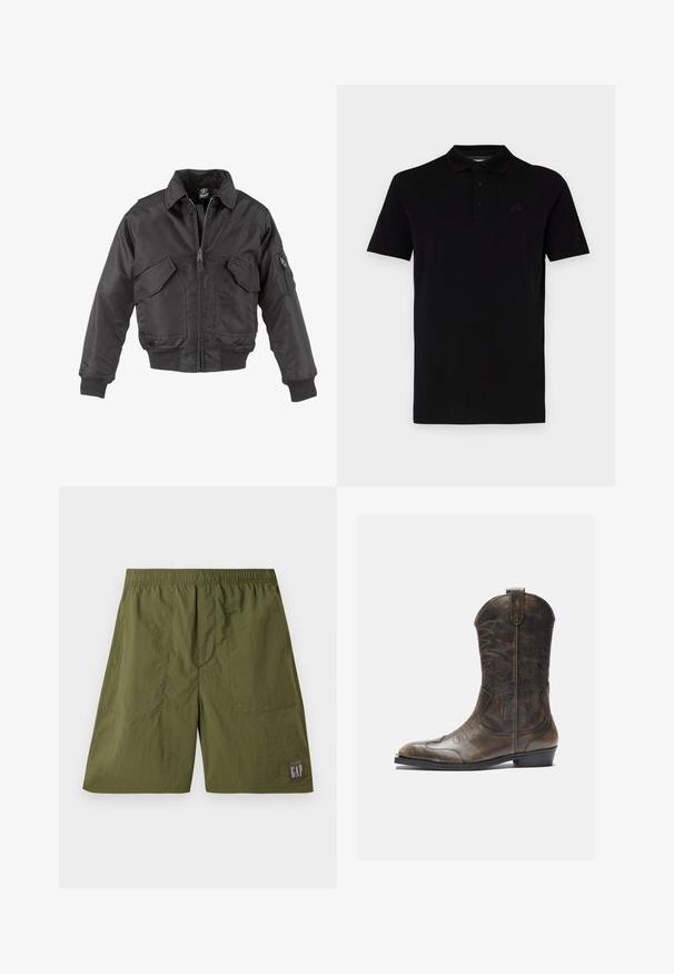 Giubbotto bomber nero in nylon, con zip frontale, due grandi tasche sul petto, polsini a costine e colletto rialzato.; Polo nero con maniche corte, realizzato in tessuto morbido. Presenta un collo classico e una chiusura a tre bottoni, con un logo discreto sul petto.; Pantaloni shorts in nylon verde con vita elastica, due tasche laterali e un'etichetta a patch con "GAP" in bianco su sfondo grigio scuro.; Stivale da cowboy in pelle marrone con gambale alto, punta affusolata, motivi di cucitura intricati e tacco basso. Finitura testurizzata in tutto lo stivale.