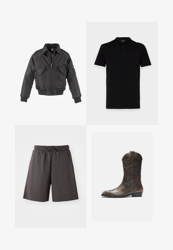 Veste bomber noire en nylon, avec une fermeture éclair à l'avant, deux grandes poches sur la poitrine, des poignets côtelés et un col montant.; Polo-shirt noir à manches courtes, fabriqué dans un tissu lisse. Doté d'un col classique et d'une patte de boutonnage à trois boutons, avec un logo discret sur la poitrine.; Shorts gris foncé en tissu doux, dotés d'une taille élastique, d'un cordon de serrage réglable et d'une coupe au niveau des genoux. Texture lisse, sans motifs.; Botte de cow-boy en cuir marron avec un long tige, un bout pointu, des motifs de couture complexes et un petit talon. Finition texturée tout au long.