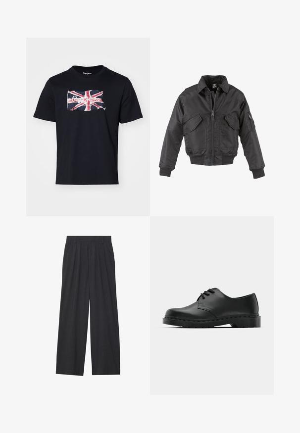 Juodas bomberis, pagamintas iš nailono, su užtrauktuku priekyje, dviem didelėmis krūtinės kišenėmis, įsiūtomis rankovėmis ir stovinčiu apykakle.; Pepe Jeans CLAG - Marškinėliai su spaudiniu - black; Tamsiai pilkos spalvos plačios kojos kelnės. Su klostėmis ties juosmeniu, pritaikyta konstrukcija ir tiesi siluetas.; Juodos odinės oksfordo bateliai su raištelių užsegimu, apvaliu pirštu, plokščiu guminiu padu ir subtiliu siuvimo akcentu viršuje.