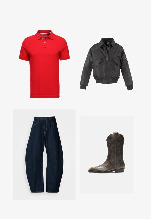 Giubbotto bomber nero in nylon, con zip frontale, due grandi tasche sul petto, polsini a costine e colletto rialzato.; Polo shirt in cotone rosso con colletto, dotato di due bottoni e una scollatura interna a righe. Maniche corte e design a vestibilità standard.; Jeans in denim blu scuro con un design a gamba larga, caratterizzati da cuciture evidenti, cinque tasche e una chiusura con bottone di ottone in vita.; Stivale da cowboy in pelle marrone con gambale alto, punta affusolata, motivi di cucitura intricati e tacco basso. Finitura testurizzata in tutto lo stivale.