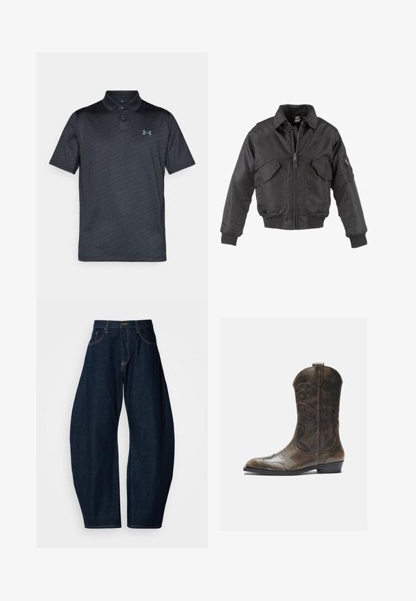 Čierna bomber bunda vyrobená z nylonu, so zipsom na prednej strane, dvoma veľkými hrudnými vreckami, rebrovanými manžetami a stojatým golierom.; Tmavošedé polo tričko vyrobené z hladkej tkaniny, s jemným geometrickým vzorom, golierom a modrým logom na ľavej strane hrudníka.; Tmavomodré denimmové nohavice s širokým strihom, ktoré majú výrazné švy, päť vreciek a mosadzný gombík na uzatváranie v páse.; Hnedá kožená kovbojská topánka s vysokým ťahom, špicatou špičkou, zložitými vyšívacími vzormi a malým opätkom. Textúrovaný povrch po celom obvode.
