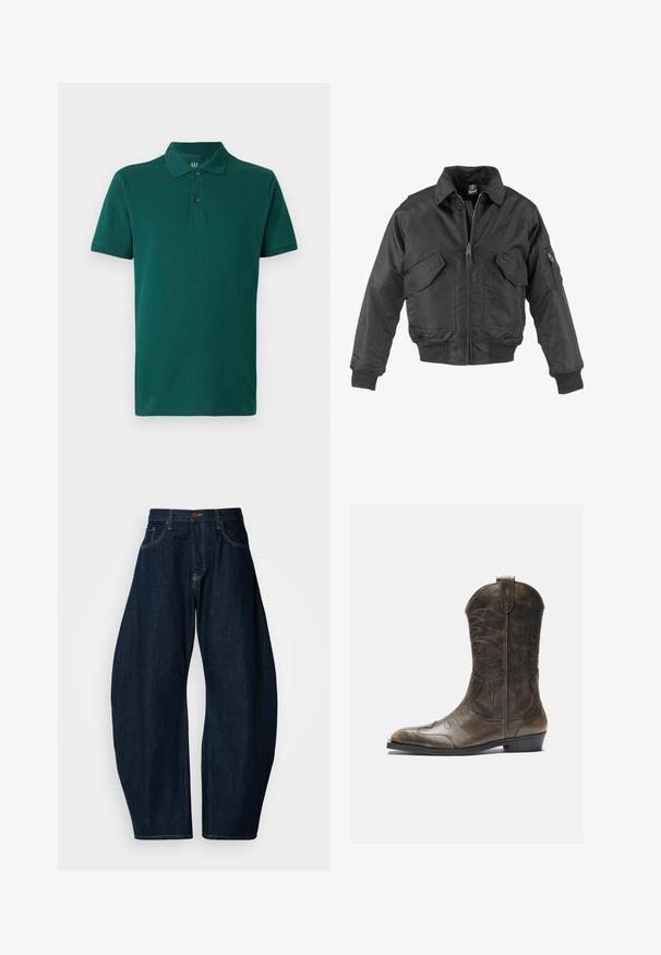 Musta muotitakki, joka on valmistettu nailonista. Takissa on vetoketjusuljenta, kaksi suurta rintataskua, resorit hihansuissa ja pystykaulus.; Vihreä poolopaita, joka on valmistettu puuvillasta. Sisältää klassisen kauluksen, lyhyet hihat ja kolme nappia kaulassa. Sujuva pinta.; Tummansiniset farkut, joissa on leveä lahkeiden muotoilu, erkkeritikkaukset, viisi taskua ja messinkinen nappikiinnitys vyötäröllä.; Ruskea nahkainen cowboy-saapas, jossa on korkea varsi, terävä kärki, monimutkaiset ompelukuvioinnit ja pieni korko. Pintakuviointi kauttaaltaan.