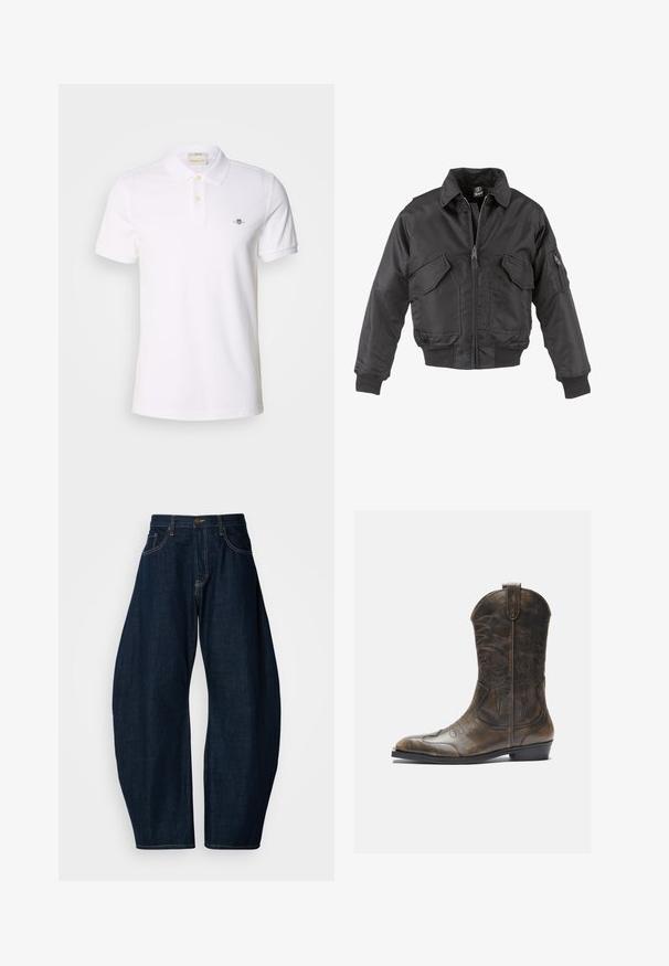 Juodas bomberis, pagamintas iš nailono, su užtrauktuku priekyje, dviem didelėmis krūtinės kišenėmis, įsiūtomis rankovėmis ir stovinčiu apykakle.; Balta polo marškiniai iš medvilnės audinio, su dviem mygtukais, trumpomis rankovėmis su suvertomis kraštinėmis ir mažu išsiuvinėtu logotipu ant krūtinės.; Tamsiai mėlynos džinsinės kelnės su plačiomis kojomis, pasižyminčios ryškiu siuvimu, penkiomis kišenėmis ir žalvariniu mygtuko užsegimu juosmenyje.; Rudos odinės kaubojų botai su aukšta ašimi, smailiu pirštu, sudėtingomis siuvimo raštais ir mažu kulnu. Tekstūruotas paviršius visame ilgyje.