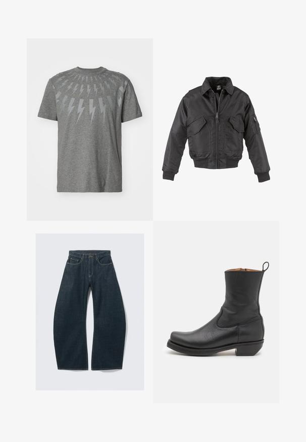 Črna bomberska jakna iz najlona, z zadrgo spredaj, dvema velikima žepoma na prsih, rebrastimi manšetami in dvignjenim ovratnikom.; Siva bombažna majica z grafičnim dizajnom svetlo sivih strelic, razporejenih v krožnem vzorcu okoli ovratnika.; Temno modre široke kavbojke iz jeansa, s petimi žepi, vidnim šivom, zapenjanjem na gumbe in čistim zaključkom.; Črne usnjene gležnjarje z gladko teksturo, ozkim profilom, stranskimi šivi in nizko kvadratno peto. Imajo zanko na hrbtni strani za lažje obuvanje.