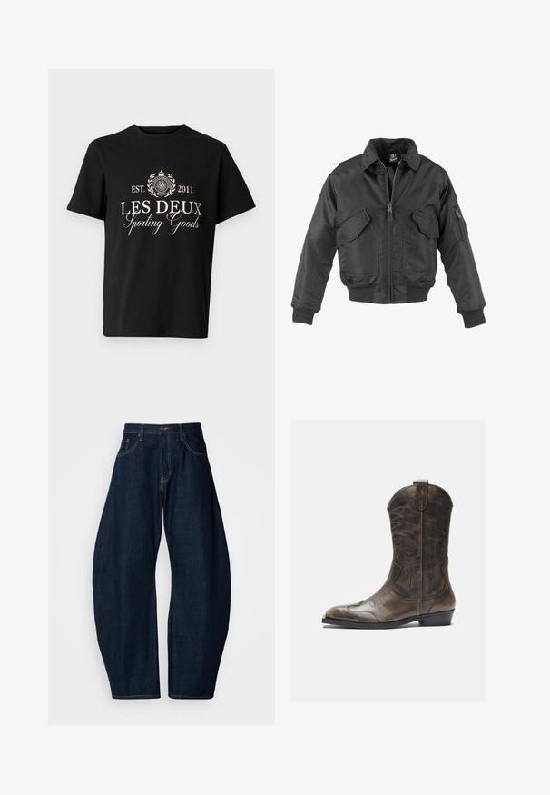 Černá bomber bunda vyrobená z nylonu, s předním zipem, dvěma velkými náprsními kapsami, ribovanými manžetami a stojáčkovým límcem.; Černé bavlněné tričko s kulatým výstřihem, s bílým potiskem: "LES DEUX Sporting Goods" a logem se vavřínovými akcenty.; Tmavě modré džíny z denimu s širokým střihem, které mají výrazné švy, pět kapes a mosazné zapínání v pase.; Hnědé kožené kovbojské boty s vysokým sálem, špičatou špičkou, složitými vyšívanými vzory a malým podpatkem. Texturovaný povrch po celé délce.