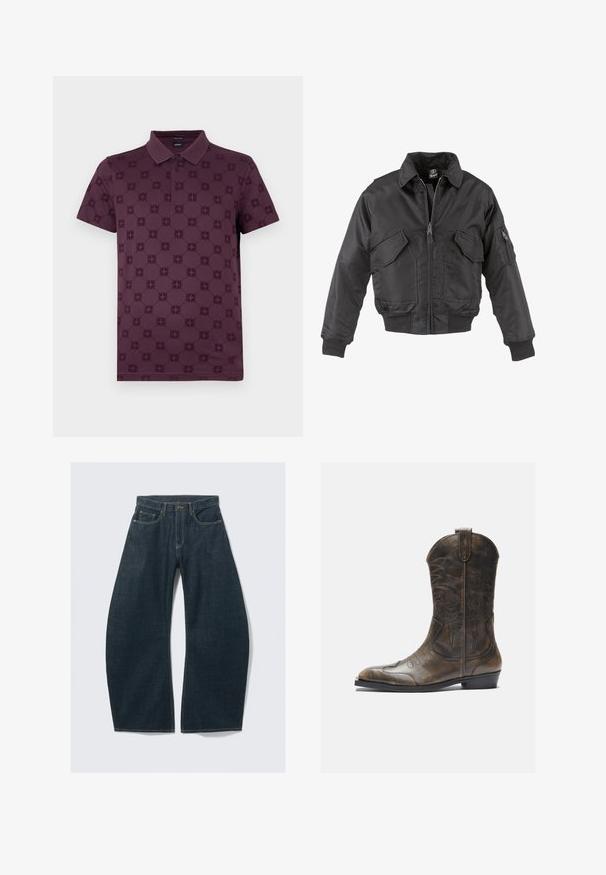 Černá bomber bunda vyrobená z nylonu, s předním zipem, dvěma velkými náprsními kapsami, ribovanými manžetami a stojáčkovým límcem.; Burgundské polo tričko s texturovaným vzorem kulatých motivů, klasickým límečkem a zapínáním na dva knoflíky; krátké rukávy.; Tmavě modré džíny s širokými nohavicemi vyrobené z denimu, s pěti kapsami, viditelným prošitím, zapínáním na knoflíky a čistým dokončením.; Hnědé kožené kovbojské boty s vysokým sálem, špičatou špičkou, složitými vyšívanými vzory a malým podpatkem. Texturovaný povrch po celé délce.