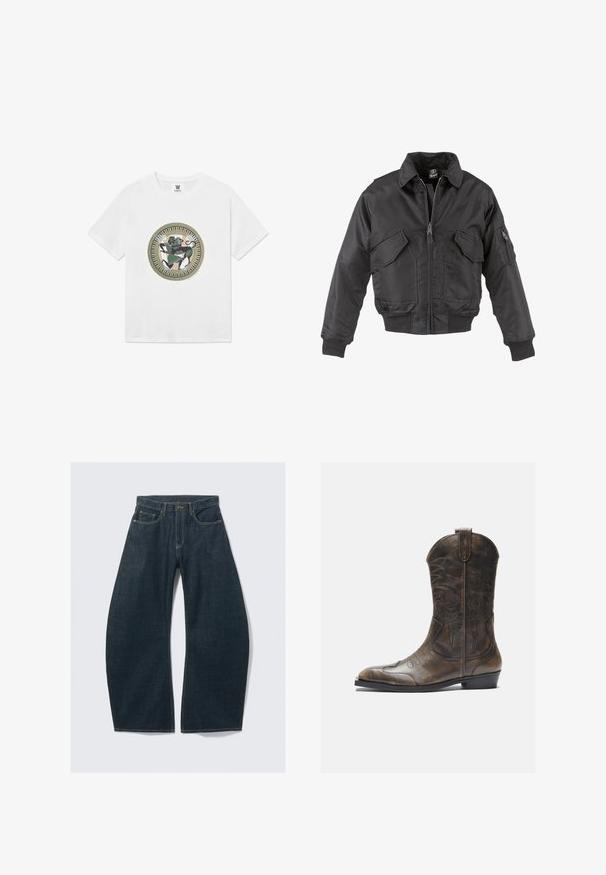 Mustata bomber-jakk, mis on valmistatud nailonist, millel on lukuga eesosa, kaks suurt rinda taskut, ribaliselt ääristatud mansetid ja seisev krae.; Valge puuvillane T-särk ümmarguse oliivroheline ja kuldne trükitud muster, kus on kujutatud tormavat musta kuju ja abstraktseid kujundeid maise värvigammaga.; Tumesinised laia säärega teksad, tehtud denimist, viie tasku, nähtavate õmbluste, nööpkinnituse ja puhta viimistlusega.; Pruun nahast cowboy saapad, millel on pikk vars, terav varvas, keerukad õmblusmustrid ja väike konts. Ühtlane tekstuur kogu ulatuses.