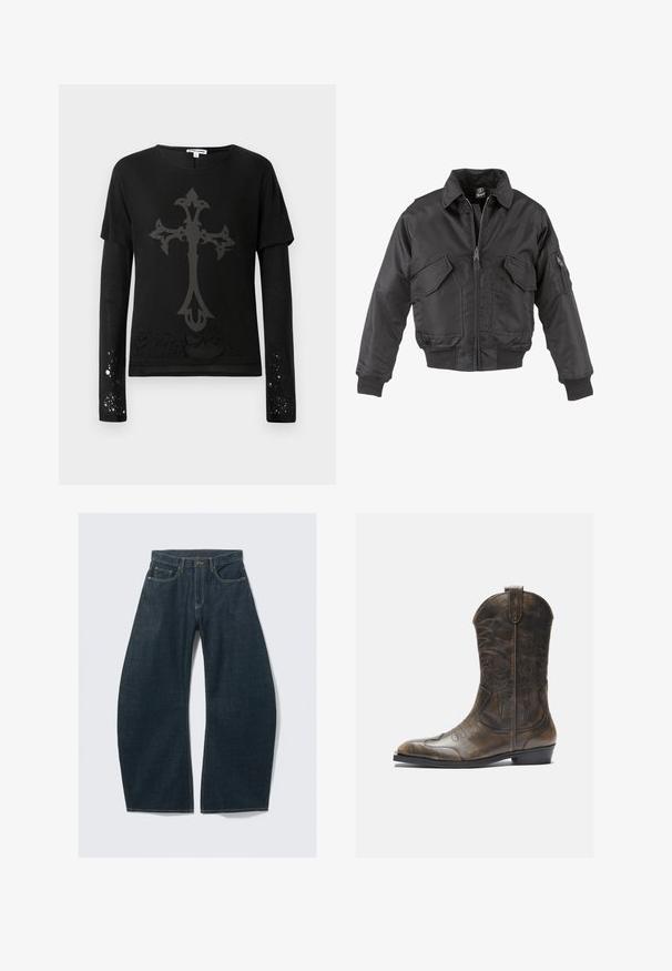 Svart bomberjacka i nylon med dragkedja fram, två stora bröstfickor, ribbstickade ärmslut och ståkrage.; Svart långärmad tröja med kortärmad överdel, med en stor grå korsdesign och slitet utseende nära fållen och ärmarna.; Mörkblå jeans med vida ben i denim, med fem fickor, synliga sömmar, knappstängning och en ren finish.; Brun läder cowboystövel med en hög skafthöjd, spetsig tå, intrikata sömnadsmönster och en liten klack. Texturerad yta hela vägen.