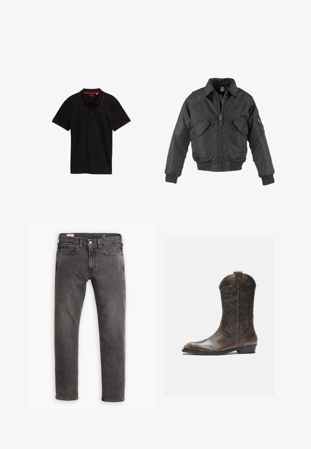 Sort bomberjakke lavet af nylon, med lynlås foran, to store brystlommer, ribbede manchetter og en opretstående krave.; Sort polo skjorte med tekstureret stof, rød krave og ærmeaccenter, tre-knap lukning, korte ærmer og uden synlige mønstre.; Grå denimjeans med lige pasform, fem-lomme design og knaplukning. Har subtil falmning og tonalt syning over hele. ; Brune læder cowboystøvle med en høj skaft, spids tå, intrikate syning mønstre og en lille hæl. Struktureret finish hele vejen igennem.