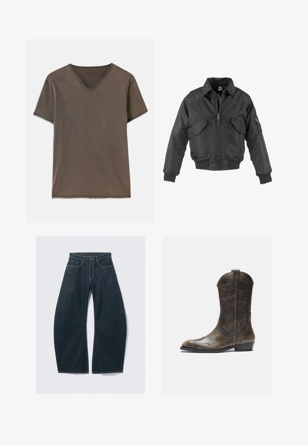 Jachetă bomber neagră, confecționată din nailon, cu fermoar în față, două buzunare mari pe piept, manșete ribelate și guler înalt.; Tricou scurt, de culoare brună, cu mânecă scurtă și decolteu în V, prevăzut cu patru butoane decorative aproape de gât și cusături contrastante pe margini.; Blugi largi, de culoare albastru închis, confecționați din denim, cu cinci buzunare, cusături vizibile, închidere cu nasture și un finisaj curat.; Botă de cowboy din piele maro cu un gât înalt, vârf ascuțit, modele complicate de cusături și un toc mic. Finisaj texturat pe întreaga suprafață.