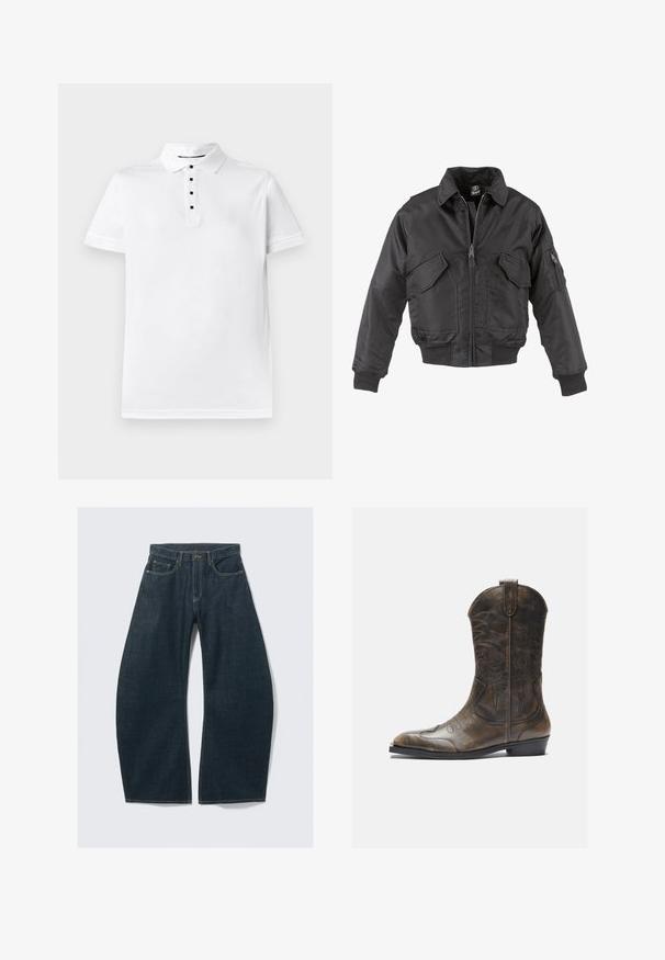 Sort bomberjakke lavet af nylon, med lynlås foran, to store brystlommer, ribbede manchetter og en opretstående krave.; Hvid bomulds polo shirt med klassisk krave, fem-knaps placket med sorte knapper og et lille broderet logo på brystet.; Mørkeblå vidde jeans lavet af denim med fem lommer, synlige sømme, knaplukning og en ren finish.; Brune læder cowboystøvle med en høj skaft, spids tå, intrikate syning mønstre og en lille hæl. Struktureret finish hele vejen igennem.
