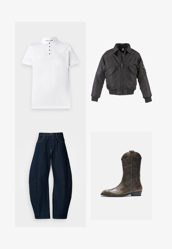 Fekete bomber dzseki nylonból, elülső cipzárral, két nagy mellzsebbel, bordázott mandzsettákkal és álló gallérral.; Fehér pamut póló ing klasszikus gallérral, öt gombos, fekete gombos béléssel és kis hímzett logóval a mellkasán.; Sötétkék farmernadrág széles szárú kialakítással, hangsúlyos varrással, öt zsebbel és sárgaréz gombos záródással a derékrészen.; Barna bőr cowboy csizma magas szárral, hegyes orral, bonyolult varrási mintákkal és kis sarokkal. Az egész felületén texturált befejezés.
