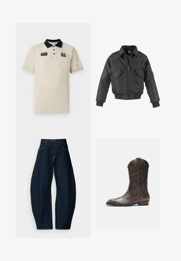 Czarna kurtka bombowa z nylonu, z zapięciem na zamek, dwiema dużymi kieszeniami na piersi, ściągaczami na mankietach i stójką.; Beżowa koszulka polo z gładkiego materiału, z czarnym kołnierzykiem, trzema guzikami i grafiką etykiety na lewej piersi w czerni i czerwieni.; Ciemnoniebieskie dżinsy o szerokim kroju, z wyraźnymi szwami, pięcioma kieszeniami i mosiężnym zapięciem na guzik w pasie.; Brązowy skórzany kowbojski but z wysoką cholewką, spiczastym noskiem, skomplikowanymi wzorami haftu i małym obcasem. Teksturalne wykończenie na całej powierzchni.