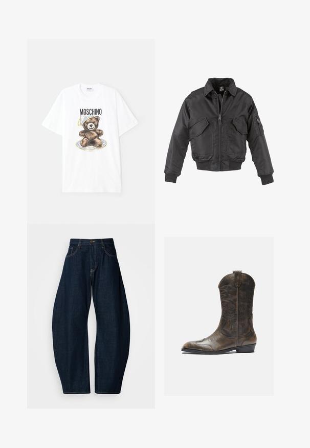 Juodas bomberis, pagamintas iš nailono, su užtrauktuku priekyje, dviem didelėmis krūtinės kišenėmis, įsiūtomis rankovėmis ir stovinčiu apykakle.; Balta medvilninė marškinėliai su grafika, kurioje pavaizduotas rudas lokys lėkštėje, dėvintis mėlyną ir auksinę dubenėlį. Virš dizaino užrašyta "Moschino".; Tamsiai mėlynos džinsinės kelnės su plačiomis kojomis, pasižyminčios ryškiu siuvimu, penkiomis kišenėmis ir žalvariniu mygtuko užsegimu juosmenyje.; Rudos odinės kaubojų botai su aukšta ašimi, smailiu pirštu, sudėtingomis siuvimo raštais ir mažu kulnu. Tekstūruotas paviršius visame ilgyje.