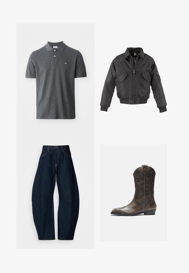 Svart bomberjacka i nylon med dragkedja fram, två stora bröstfickor, ribbstickade ärmslut och ståkrage.; Mörkgrå pikétröja i bomull. Har en klassisk krage, treknappslå, korta ärmar och en liten broderad logotyp på bröstet.; Mörkblå denimjeans med bred bendesign, med framträdande sömmar, fem fickor och en mässingsknapp som stängning i midjan.; Brun läder cowboystövel med en hög skafthöjd, spetsig tå, intrikata sömnadsmönster och en liten klack. Texturerad yta hela vägen.