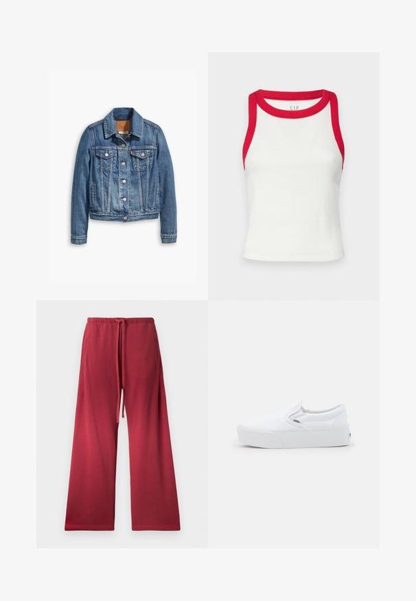 Ανοιχτό μπλε τζάκετ από τζιν με κλασικό σχέδιο, περιλαμβάνοντας γιακά, δύο τσέπες στο στήθος και ασημένια κουμπώματα.; Λευκή ριγωτή αμάνικη μπλούζα με κόκκινη ραφή στον λαιμό και στα σκέλη των χεριών. Διαθέτει εφαρμοστή γραμμή και ίσια ραφή στο τελείωμα. Υφασμάτινη υφή. Ορατό λογότυπο της μάρκας.; Κόκκινο παντελόνι με φαρδιά πόδια φτιαγμένο από μαλακό ύφασμα, με ελαστική μέση και κορδόνι, καθώς και πλαϊνές τσέπες για ευκολία.; Λευκά Vans slip-on παπούτσια με χοντρή σόλα και διακριτική ετικέτα λογότυπου στο πλάι, παρουσιασμένα σε προφίλ απέναντι από απλό ανοιχτό φόντο.