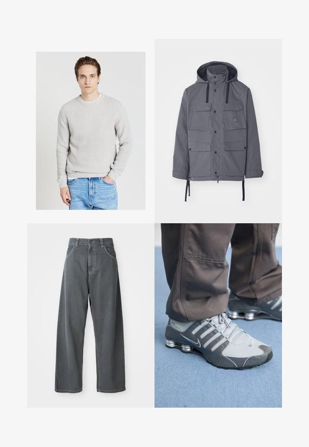 Graue wasserdichte Jacke mit Kapuze, vier frontalen Taschen, Druckknöpfen und verstellbaren Kordelzügen an Taille und Ärmeln. Strukturiertes Material.; Junger Mann mit hellbraunem Haar, der einen hellgrauen Strickpullover und eine blaue Jeans trägt, steht mit einer Hand in der Tasche vor einem weißen Hintergrund.; Graue Denim-Straßenhose mit weitem Bein und hoher Taille, mit Fronttaschen, Gürtelschlaufen und einem Knopfverschluss am Bund.; Graue und silberne Nike Shox Sneakers zeichnen sich durch ein schlankes Design aus, mit Netz- und Synthetikmaterialien, einer abgerundeten Zehenpartie und einem gepolsterten Schuhkragen.
