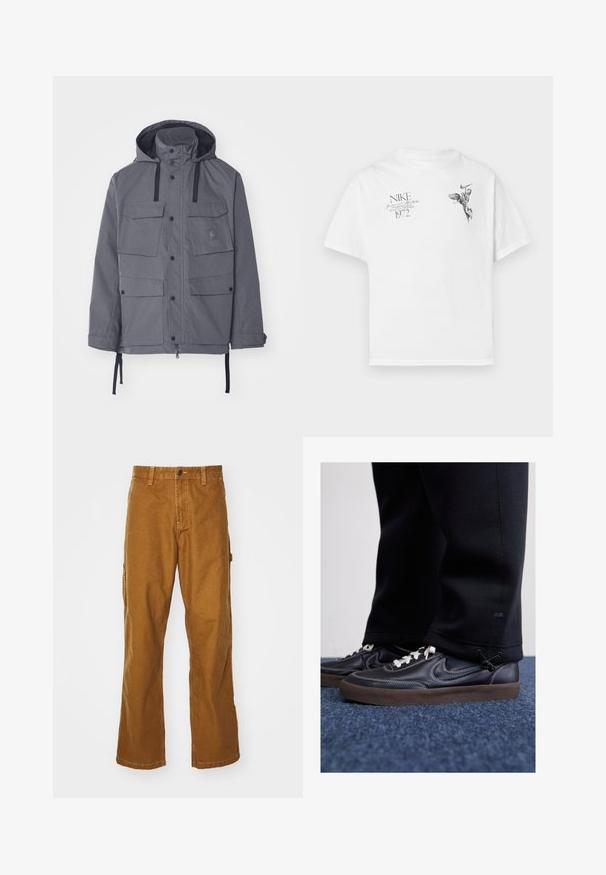 Grå vattentät jacka med huva, fyra framfickor, tryckknappar och justerbara dragsko i midjan och ärmsluten. Texturerad tyg.; Vit bomull t-shirt med en svart grafisk tryck av en bevingad figur och text, med rund hals och korta ärmar.; Bruna bomullscargobyxor med rak bendesign, framknappstängning och sidofickor. Slät textur och hållbart material.; Nike Sportswear KILLSHOT 2 LTR PRM OPP2 - Sneakers - black sail baroque brown mtlc dk grey