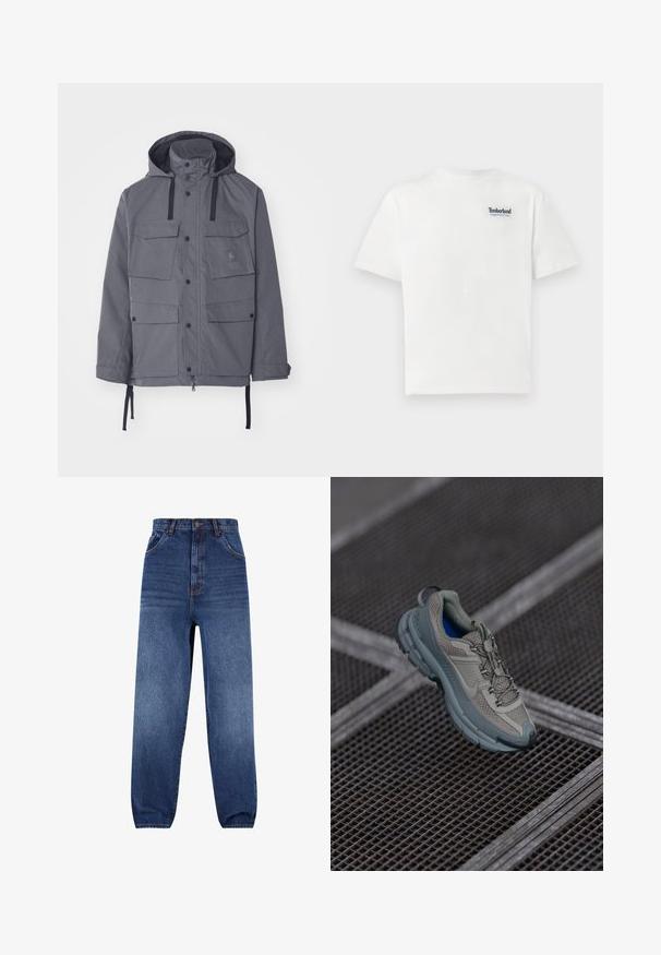 Pelēks ūdensnecaurlaidīgs mētelis ar kapuci, četriem priekšējiem kabatām, spiedpogu aizdari un regulējamo auklu jostasvietā un aprocēs. Strukturēts audums.; Balta kokvilnas T-kreklā ar zilu izšūtu "Timberland Rugged Active Gear" logo augšējā kreisajā krūtī. Īsie piedurknes un aplis kakla izgriezums.; Tumši zilas džinsas. Augsta jostasvieta ar brīvu piegriezumu. Satur priekšējās kabatas un nenozīmīgu nodiluma efektu uz kājām.; Bežīgas un pelēkas sporta kurpes ar teksturētu sieta augšdaļu, noapaļotu purngalu un gumijas zoli, satur šņores un mīkstinātu apkakli.