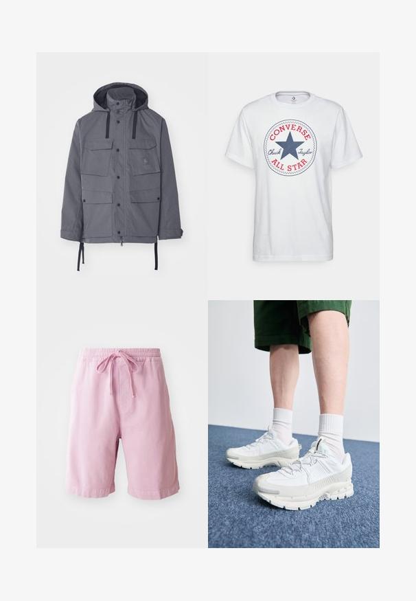 Giacca impermeabile grigia con cappuccio, quattro tasche frontali, bottoni a pressione e cordini regolabili in vita e ai polsini. Tessuto testurizzato.; T-shirt bianca in cotone con una grafica circolare che presenta una stella blu, la scritta rossa "CONVERSE" e il testo "Chuck Taylor ALL STAR". Maniche corte, vestibilità casual.; Pantaloni corti rosa chiaro in cotone, con una vita elastica dotata di cordino e gambe a taglio dritto con dettagli di orlo cuciti.; Scarpe da ginnastica bianche con sovrapposizioni testurizzate, suola spessa e accenti grigi. Indossate con calze corte bianche e pantaloni corti verdi su una superficie blu.