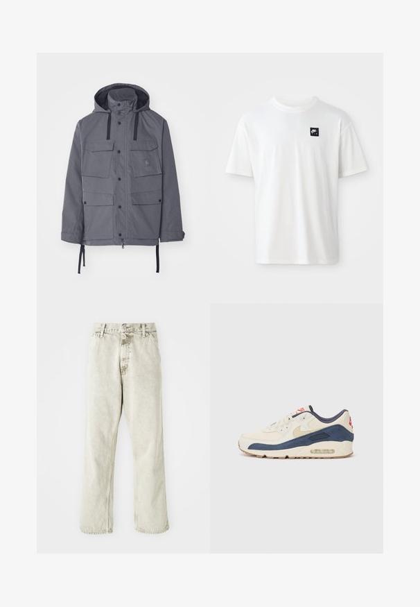 Pilkas nepralaidus vandeniui švarkas su gobtuvu, keturiomis priekinėmis kišenėmis, spaudėmis ir reguliuojamomis raištelėmis juosmens bei rankogalių srityse. Tekstūruota medžiaga.; Balta medvilnės marškinėliai su trumpomis rankovėmis ir apvalia iškirpte; ant kairiojo krūtinės puikuojasi mažas juodas stačiakampis "Nike Air" logotipas.; Šviesiai pilki džinsai su tiesiomis kojomis, užsegami mygtuku, su diržo kilpomis. Turi subtilią tekstūrą ir minimalistiškai siuvimo detales.; Bėgimo bateliai su kreminės odos ir tamsiai mėlyno zomšo viršutine dalimi, turintys matomą oro padą, smėlio spalvos guminiu padu ir raudonu akcentu ant kulno.