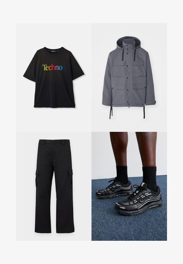 Šedá nepremokavá bunda s kapucňou, štyrmi prednými vreckami, patentkami a nastaviteľnými šnúrkami v páse a na manžetách. Textúrovaná tkanina.; Čierne tričko s krátkymi rukávmi s nápisom "Techno" vytlačeným veľkými, farebnými písmenami na hrudi, s jemným opotrebovaním pri vykrojení krku.; Čierne cargo nohavice so strihom rovného nohu. Vyrobené z odolnej látky, s dvoma bočnými vreckami so klopami a zapínaním na gombík.; Čierne tenisky Nike majú sieťkový zvršok s akcentovými pruhmi, textúrovaným šnurovaním a čiernu gumovú podrážku. Nosené s čiernymi rebrovanými ponožkami.