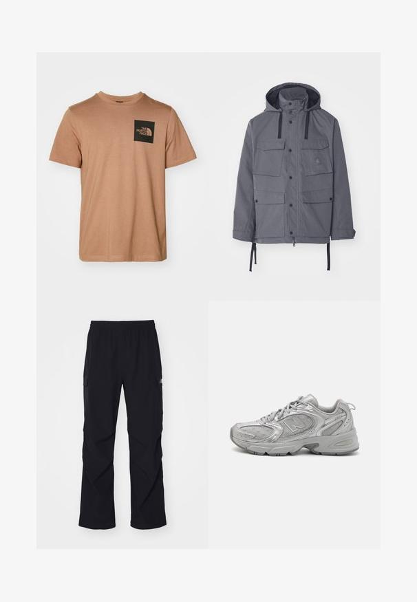 Grijze waterproof jas met een capuchon, vier voorzakken, drukknoopsluitingen en verstelbare trekkoorden bij de taille en mouwen. Textuurstof.; Bruine katoenen t-shirt met korte mouwen en ronde hals. Bevat een zwarte vierkante zak met wit merkimago en gebogen graphic.; Zwarte cargo broek van lichtgewicht materiaal, met een elastische tailleband, zijzakken en een recht gesneden ontwerp.; Zilveren hardloopschoen met een slank design, gaaspanelen, een gevoerde tong, textuur van synthetisch bovenwerk en rubberen buitenzool voor grip.